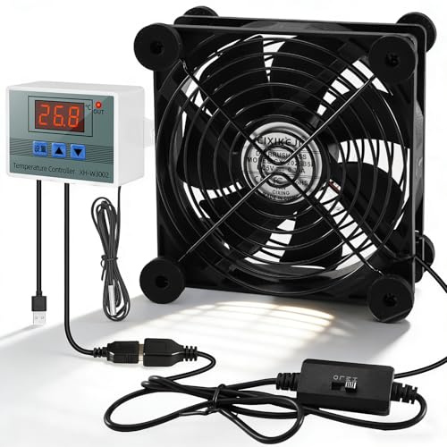 Joycabin Ventola USB per PC da 120 mm, con regolatore di temperatura digitale, ventola USB da 5 V con 3 velocità regolabili, doppio cuscinetto a sfera, ventola di raffreddamento silenziosa per PC