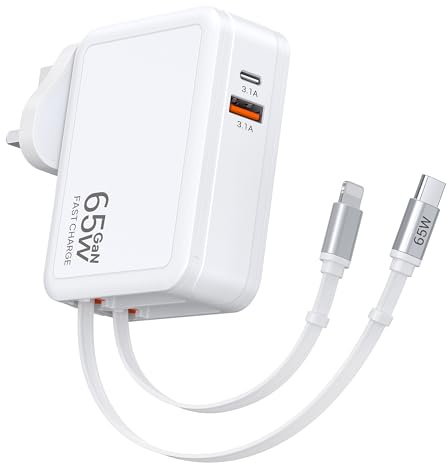 65W Wall Charger with Dual Retractable Cables,4 in 1 USB C Plug UK Travel Essentials Brick with Dual USB Ports,2.6ft Lightening+Type C Cables,Fast Charging Block for iPhone 17/16/15,iPad,MacBook Pro