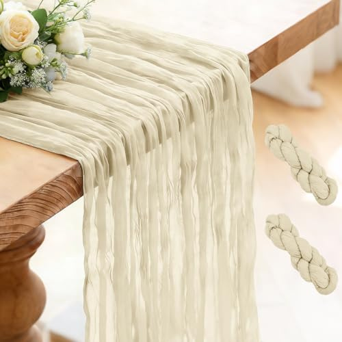 2 Stück Tischläufer Beige, 300 x 90 cm Käsetuch Tischläufer Boho Gaze Rustikaler Läufer für Hochzeit, Geburtstagsfeiern, Brautdusche, Bankettdekoration Tisch Dekoration