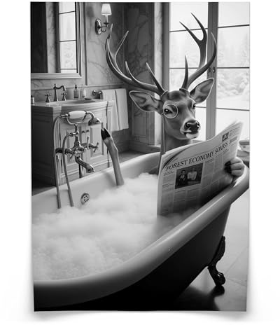 Muralo Poster Hirsch in der Badewanne, ohne Rahmen, UV-beständig - 30x40 cm | Bilder, glatte und seidige Oberfläche, fotografische Druckqualität - ideal für Badezimmer und WC