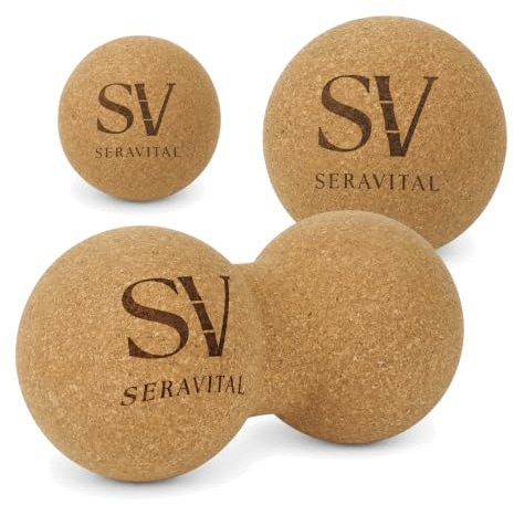 SeraVital Kork Massageball Set 3-teilig, hochwertig – 6 cm Ball, 8 cm Ball & Peanut/Duoball 8×8×16 cm – Selbstmassage & Mobility inkl. Beutel – Faszienball rutschfest, griffig, geruchsarm, nachhaltig