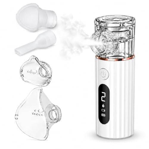 Inhalationsgerät Tragbar mit USB-C, Leiser Vernebler für Erwachsene und Kinder, Inhaliergerät mit 2 Modi, Reinigungsmodus, LED-Anzeige, Augenmaske, 2 Masken und Mundstück für Zuhause und Reise
