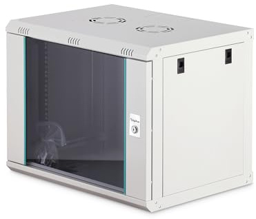 DIGITUS Netzwerkschrank – 19 Zoll 9HE – Unmontiert – Dynamic-N – Grau | 450 mm Tiefe – 320 mm Nutztiefe – Wandmontage – 60 kg Traglast – Glastür