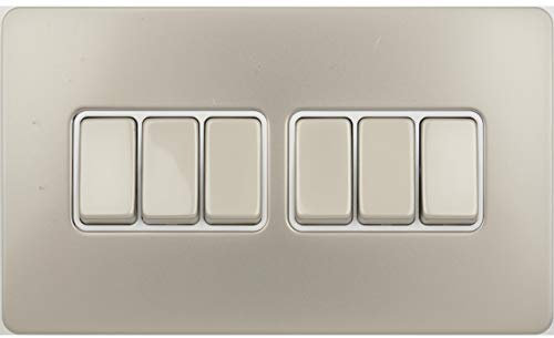 Schneider Electric Ultimate Screwless Flat Plate - 6 Gang Rocker 2 Way Light Switch, Single Pole, 16AX, GU1462WPN, Pearl Nickel with White Insert