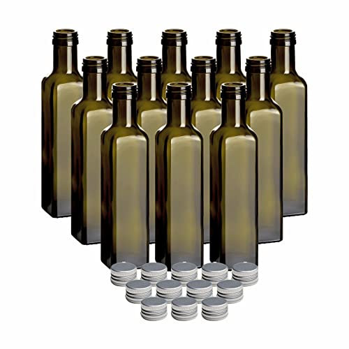gouveo 10er Set Glasflasche 250 ml Maraska -Antik- mit Schraubverschluss silberfarben - Leere Flasche 0,25 l zum Befüllen - Glasflasche für Likör, Essig, Öl (MFEA250S)
