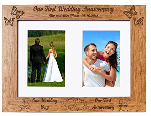 Personalised Our First Anniversary Double Brown Wooden Photo Frame for 6 x 4 Pictures