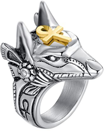 HIJONES Anubis Ankh Bague de Croix pour Homme en Acier Inoxydable Égypte Antique Dieu Amulette Taille 60