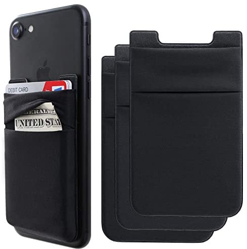 Phone Card Holder Stretchy Wallet Pocket Credit Card ID Case Pouch Sleeve Adhesive Sticker Compatible with iPhone Samsung Galaxy Android Smartphones - 3Pack Black