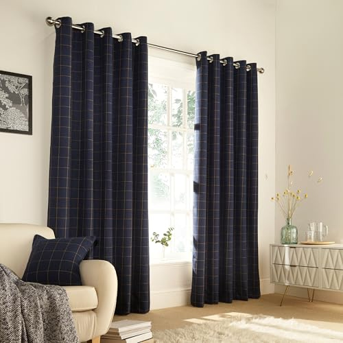 furn. Ellis Windowpane Check Eyelet Curtain Pair - Navy - 117x137cm