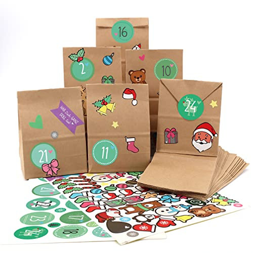 OWLBOOK® Adventskalender zum Befüllen | Adventskalender 2024 Tüten | Weihnachtskalender zum befüllen | 24 Papiertüten mit Aufkleber | Geschenktüten zu Weihnachten