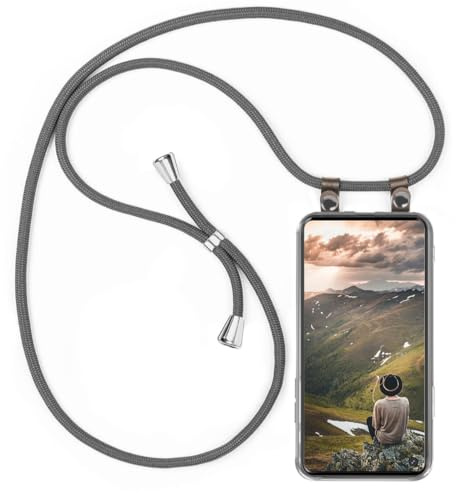 moex Handykette für Samsung Galaxy S10e Hülle mit Band abnehmbar, Handyhülle mit Kette zum Umhängen, Handyband 155 cm lang Stoff Kordel Umhängehülle, Handy Umhängeband, Grau