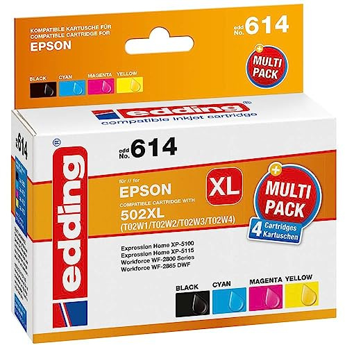edding Druckerpatrone EDD-614 - Multipack 4 - Schwarz, Cyan, Magenta, Gelb - 1x 13,2 ml + 3X 10,2 ml - Reichweite 1x 550 3X 470 Seiten - Ersetzt Epson 502XL (T02W1/W2/W3/W4)