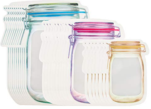 30 Pcs Mason Jar Zipper Bags, 3 Size Food Storage Bag Snack Sandwich Ziplock Bags, Reusable Food Saver Storage Bags Snacks Zipper Sealed Bags Fresh Bags for Travel Camping Picnic