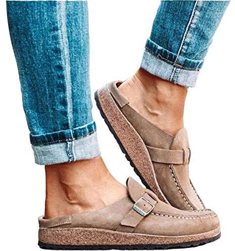 FMOGE Womens Flat Mule Sandals Summer Clogs Suede Flat Slipper Round Toe Backless Slip on Loafer Shoes Comfy Closed Toe Lady Fashion Boat Shoes