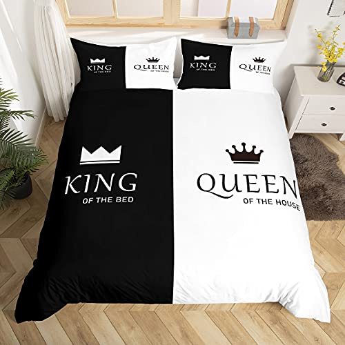 Loussiesd Krone Queen und King Betten Set His und Hers Matching Paar Bettwäsche Set 200x200cm Liebhaber Romantic Bettbezug Set Schwarz Weiß Zimmer Dekor
