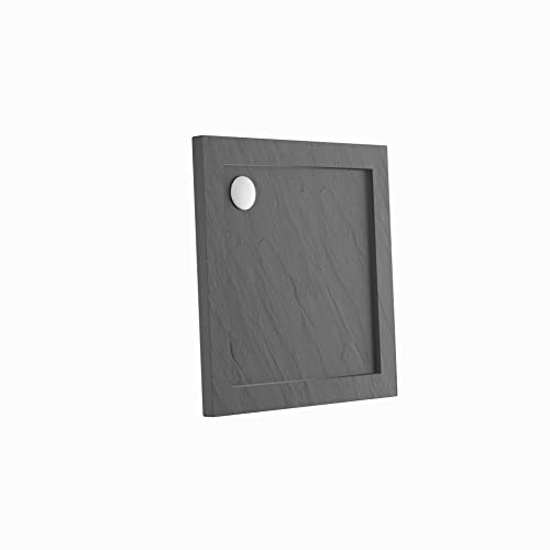 Piatto Doccia 90x90cm Altezza 4cm Effetto Pietra Antracite Acrilico Bordato Piletta di Scarico Inclusa Mod. Petra