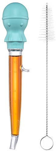 109℃ Hitzebeständige Große Abgewinkelte Bratenspritze: U-Taste Tritan Putenfleisch-Fettpipette mit Silikon Oktopus-Saugkopf und Reinigungsbürste zum Kochen Braten Begießen (1.5 OZ/44 ML, Aqua Sky)