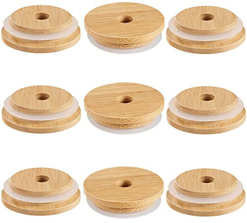DOERDO 9pcs 70MM Bamboo Jar Lids with Straw Hole Reusable Bamboo Mason Jar Lid Drinking Storage Lid Leak-Proof Lids for Mason Jar