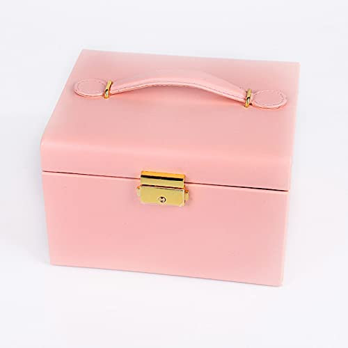 Jewellery Box Organiser with Mirror Travel Portable Lockable 3 Layers PU Leather Jewellery Boxes Case for Earrings Necklaces Rings Watches Jewellery Storage Boxes for Women Girls Teens-pink