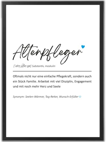 tradercat Altenpfleger Poster, Kunstdruck mit Definition und Sprüchen, A4, Weißer Rahmen, Herzmotiv, Geschenk für Pflegepersonal, Dekoration Pflegeheim