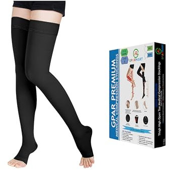 GPAR PREMIUM Bas de contention Médicale Classe 2, 23-32 mmHG, Bout Ouvert- Bas de cuisse pour Varices, Oedèmes, Douleurs aux jambes, pieds enflés, Varicosités-Unisexe (BLACK, L)