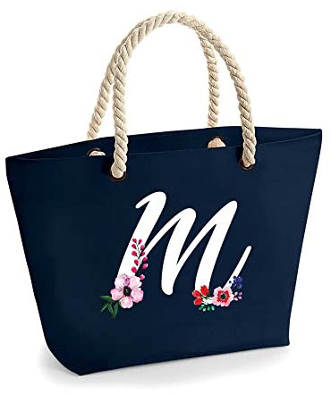 Colorfamily Borsa Mare Donna Grande Borsa Da Spiaggia con Iniziale Floreale - Lettera M - 100% cotone Canvas