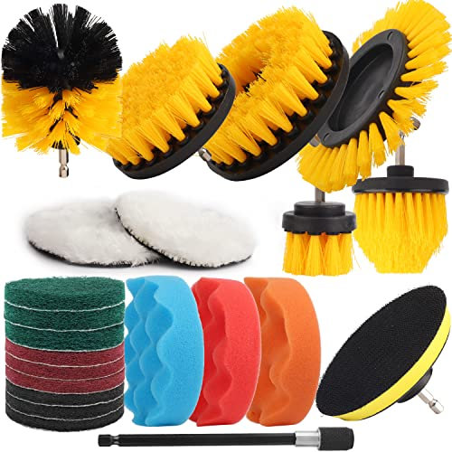Juego de 22 cepillos de taladro, kit de cepillo de limpieza de taladro que incluye cepillo de taladro multiusos, almohadillas de fregado y esponja con accesorio extensible, almohadillas de pulido para