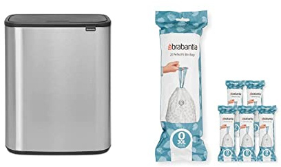 Brabantia Bo Touch Bin - 2 x 30 Litre Inner Buckets (Matt Steel FPP) Waste/Recycling Kitchen Bin + O Liners Multipack Box (120 rolls)