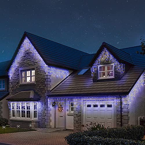 Festive Lights - ConnectGo - Eiszapfen LED-Lichterkette, Anschließbar mit klarem Kabel, Weinachts Lichtervorhang, IP44 wasserdicht (5m - 200 LEDs, Blau-Weiß)