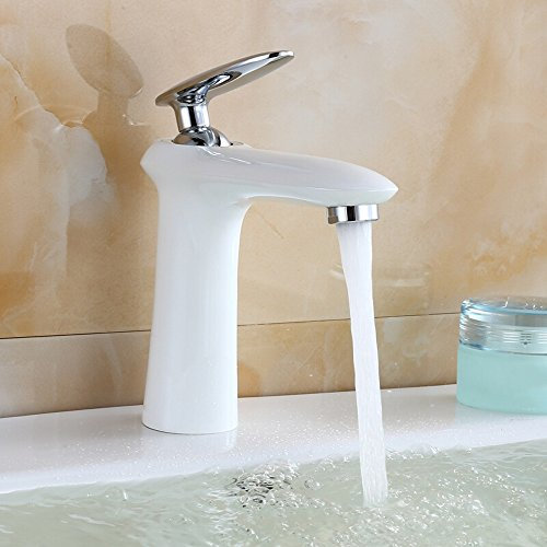 Wasserhahn Vollkupfer Antike Waschbecken Wasserhahn Weiß Farbe Retro Bad Wasserhahn mit Kalt- und Heiß-Mischer Eingriff Einzelloch Waschbecken Classic Vintage Wasserhahn mit zwei Schläuchen