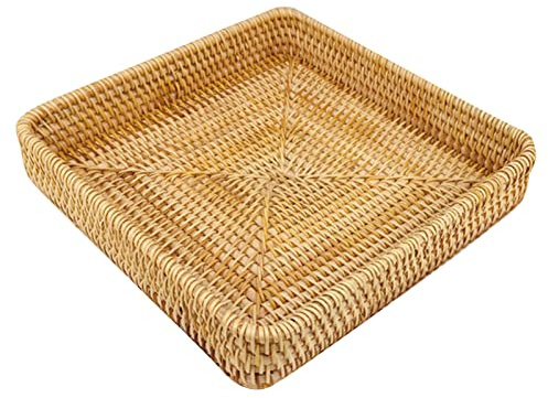 Bandeja de Servicio de Ratán Rectangular, Cesta de Mimbre Tejida a Mano Para Organización y Almacenamiento de Mesa (M)