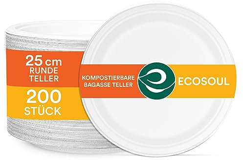 ECO SOUL Perlenweiß 25 cm Runde Einwegteller [200 Stück] | 100 % Kompostierbare Bagasse Teller aus Zuckerrohr | Biologisch Abbaubar, Mikrowellengeeignet, Stabil & Umweltfreundlich