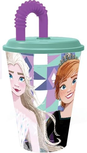 Disney Bicchiere azzurro e viola per bambine in plastica Frozen Elsa e Anna 430 ml con cannuccia e coperchio flessibile