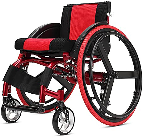 Selbstfahrender leichter Rollstuhl mit Stoßdämpfung für ältere Menschen und Kinder mit Cerebrallämmerung - bequemes faltbares Aluminium Design in Schwarz und Rot