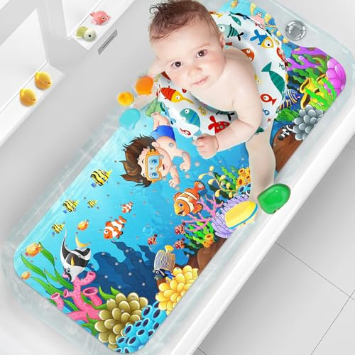 XIYUNTE Baby Bath Mats Non Slip Anti Mould - 100x40cm Extra Long Non Slip Bath Mat for Kids, Eco-Friendly Toddler Bath Mat with Suction Cups for Secure Grip, Easy to Clean & Easy Drying, Cute Child