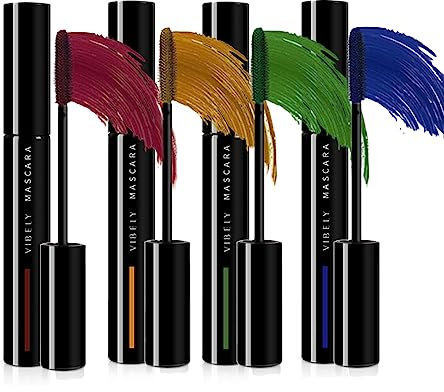 MKNZOME 4 Farben Wimperntusche Schminke, Wimperntusche Wasserfest Bunte Mascara Blau Gelb Grün Burgundy, Augen Make-Up, mit Falsche Wimpern Effekt, Verlängernd, Volumengebend