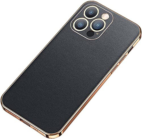 BRART Back Phone Cover with Protection Camera Lens, for Apple iPhone 14 Case 6.1 inch 2022 Leather Golden Border Shockproof Case (Color : Black)