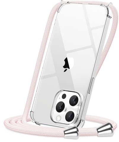 CAROKI Crossbody Case for iPhone 15 Pro Max,Necklace Mobile Phone Cover with Cord Strap Clear Transparent TPU Soft iPhone 15 Pro Max Cover Holder with Neck Cord Lanyard Strap-Pink