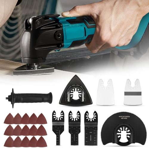 Herramienta multifunción inalámbrica para batería multiherramienta compatible con Makita 18V Li-Ion, 6 velocidades ajustables cortar con 23 accesorios, motor sin escobillas para quitar, rascar, (pilas