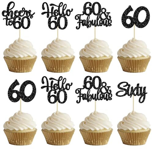 30Pcs Happy 60th Birthday Cupcake Toppers Black Glitter Sixty Cake Toppers Cheers to 60 Years Old Birthday Cupcake Picks for 60th Birthday Anniversary Party Cake Decorations Supplies