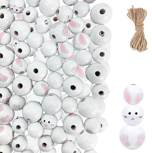 QIUMING 60pcs ostern holzperlen holzperlen mit gesicht ostern Holzperlen Kaninchen Osterdekoration teiliges Oster-Holzperlen-Set für Ostern Frühling Girlande DIY Urlaubsdekoration (Weiß)