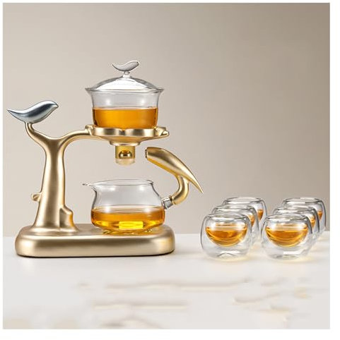 Tauzveok Teapot with magnetic ball, teapot glass set, with 6 bowls, completely automatic, tea maker set, lazy kungfu tea maker,gold Set A