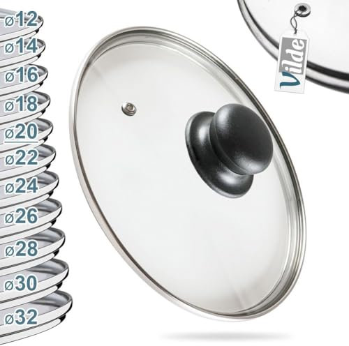 Vilde Glasdeckel mit Edelstahlring für Topf und Pfanne | Ø (20 cm) 14, 16, 18, 20, 22, 24, 26, 28, 30cm | 200°C hitzebeständiges Glas | Pfannendeckel Topfdeckel Universaldeckel