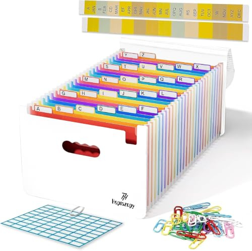 Heptazopy File Organiser, 26 Folders for Paperwork A4, 34 x 25 x 4 cm Document Organiser Quality PP, Flap & Elastic Cord Closure Comes with Labels, Tags & Sticker Card (White (26 Pockets))