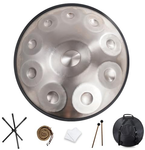 NAHAIA HANDPAN DRUM 9/10/12 Noten Steel Handpan 440hz/432hz Stahl-Handtrommel Instrument 22 Zoll in D-Moll Harmonische Percussion für Klangheilung, persönliche Meditation(10 Notes-440Hz-Silvery)