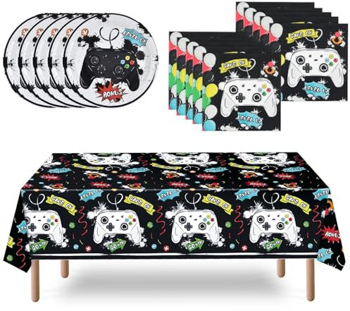 Wernnsai Video Game Party Set - Gaming Plates, Napkins, Tablecloth & Decorations for Kids' Boys' Birthday Party Night - Black