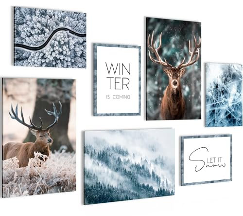 Novart Wandbilder Winter - KOMPLETT AUFHÄNGFERTIG - Hirsch Natur Wohnzimmer Schlafzimmer - 7 Moderne Mood-Bilder - N001472a