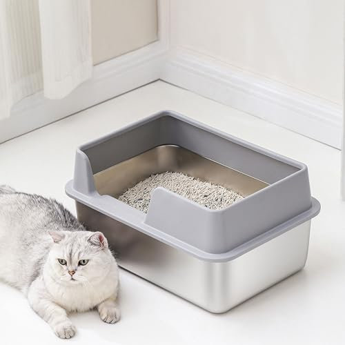Caja de de Acero Inoxidable, Bandeja de para Gatos con Parte Superior Abierta, Caja de para Gatos de Metal Antisalpicaduras, Grande con Pala, (Talla pequeña Gris)