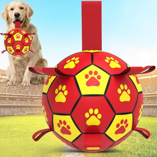 HETOO Dog Ropes Toys Soccer Ball with Straps, Interactive Toys for Tug of War, Puppy Birthday Gifts, Dog Water Toy, Durable Balls for Medium & Large Dogs-Red&Yellow (8 Inch)