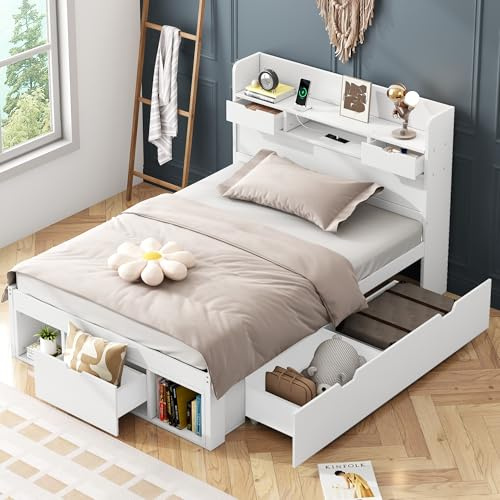 Einzelbett 90x200 cm, Holzbett Kinderbett mit Stauschrank und Schubladen, Kopfteil mit Staufach und USB-Ladefunktion, Bett mit Lattenrost und Stauraum, Jugendbett, Funktionsbett, ohne Matratze, Weiß